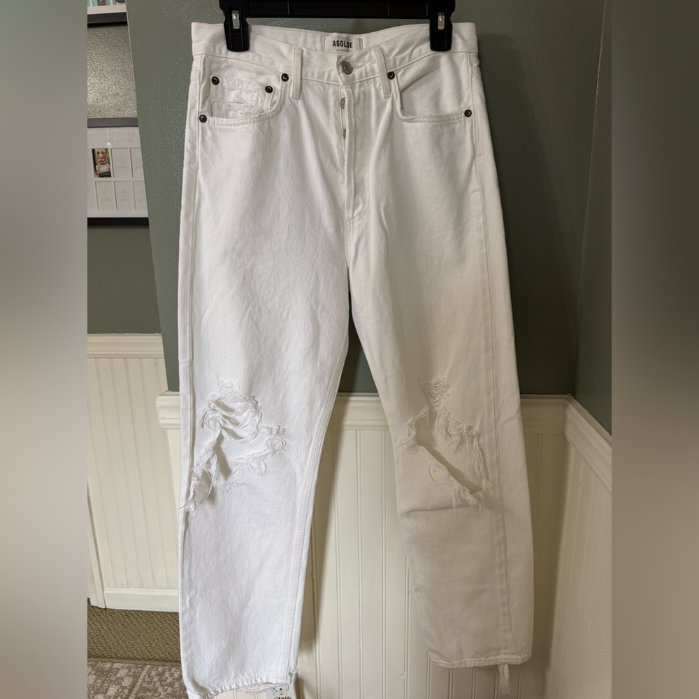 Agolde 90s High Rise Loose Fit White Distressed Straight Leg Jeans - Picture 2 of 9
